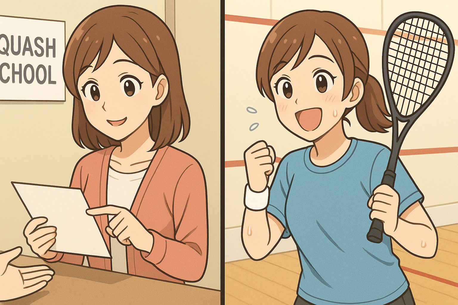 スカッシュスクールへ入会手続きをして、レッスンでさわやかに汗を流す女性